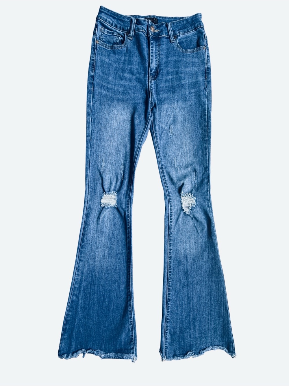 Pink Label Denim Co Distressed Dark Blue Stretch Flare Jeans - Size 5
